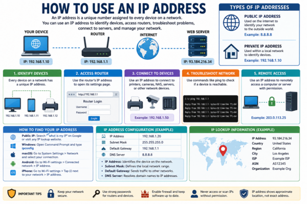 Learn how to use an IP address for network access, troubleshooting, router configuration, remote access, device identification, and IP lookup.