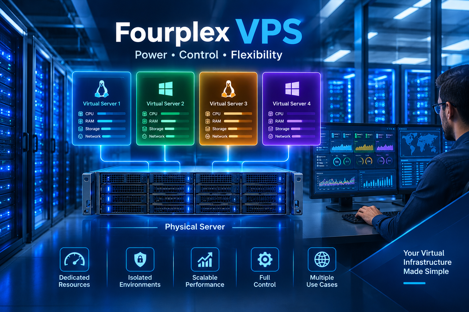 Fourplex VPS infrastructure and virtual server management