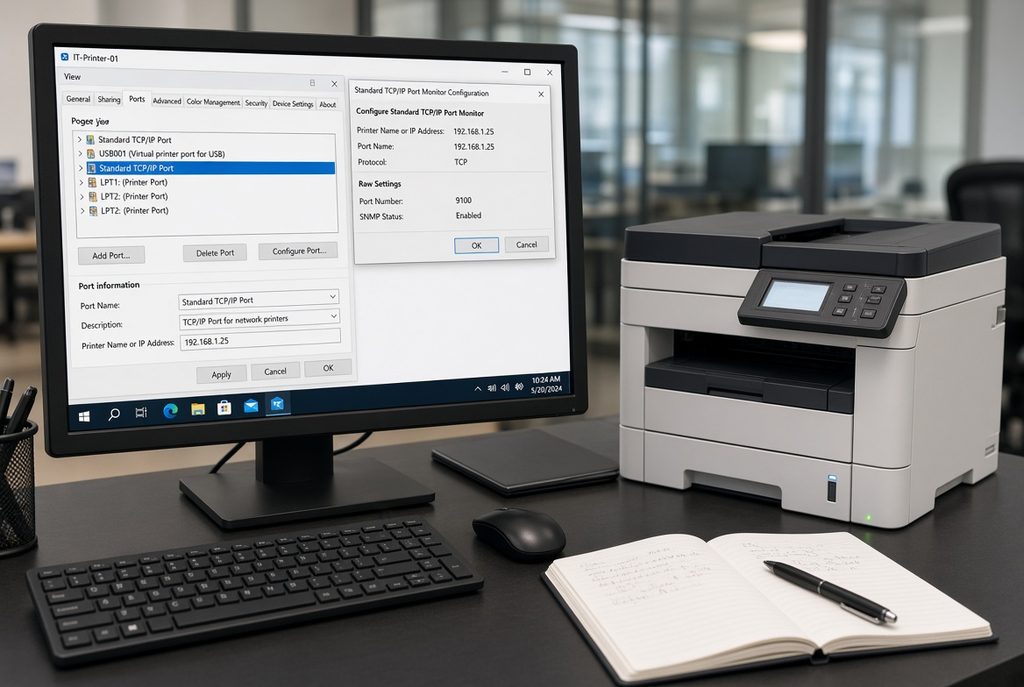 Windows printer properties showing printer IP address