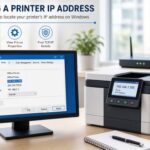 Windows computer and network printer showing printer IP address settings