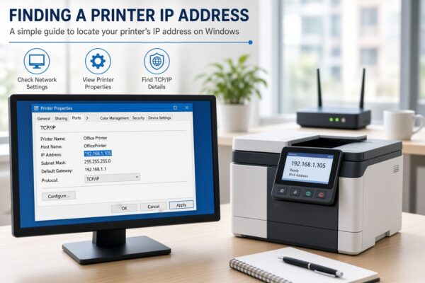 Windows computer and network printer showing printer IP address settings