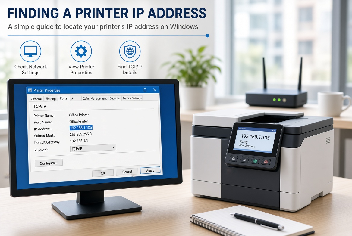 Windows computer and network printer showing printer IP address settings