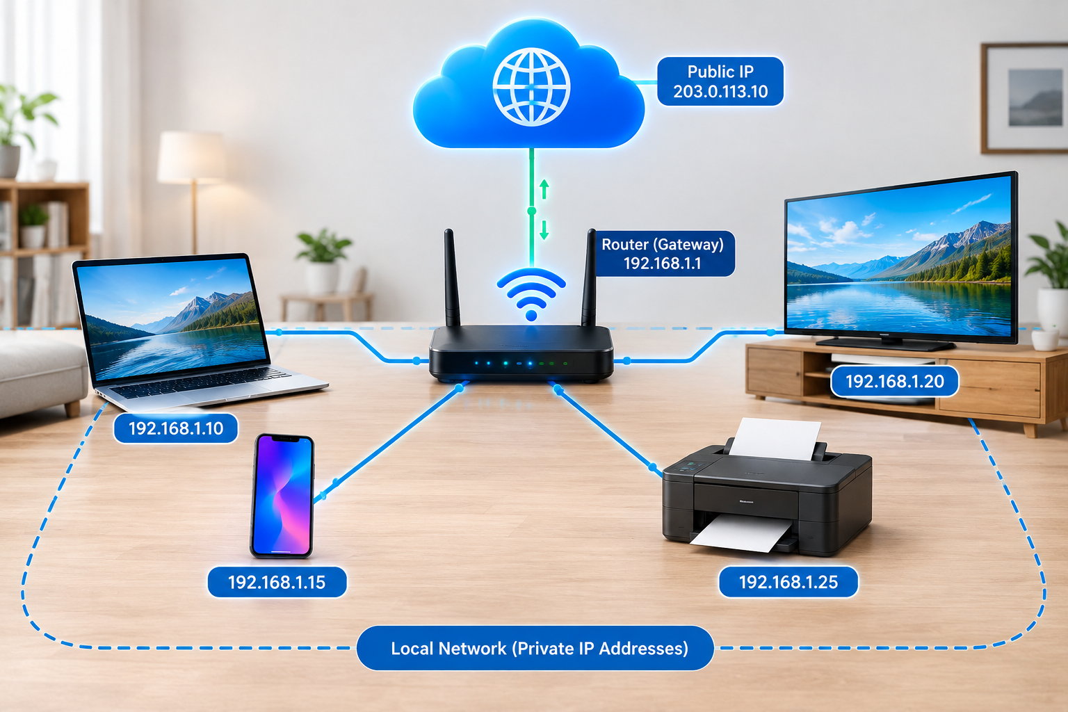 Public and private IP address network illustration