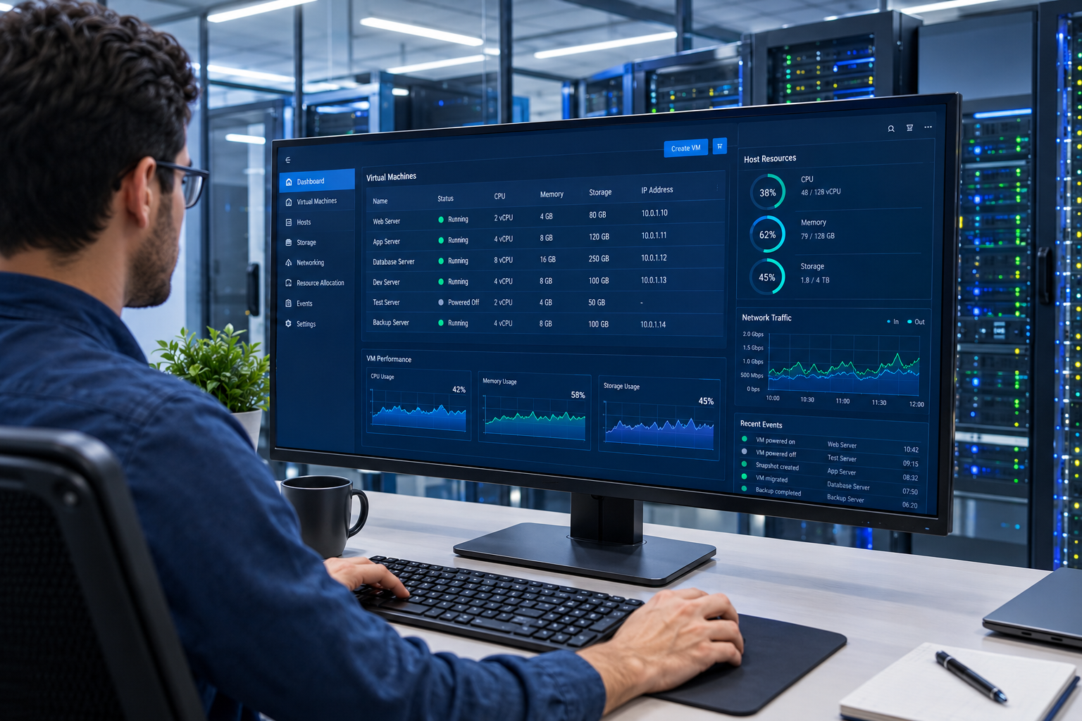 Managing virtual machines with dedicated VMware server hosting
