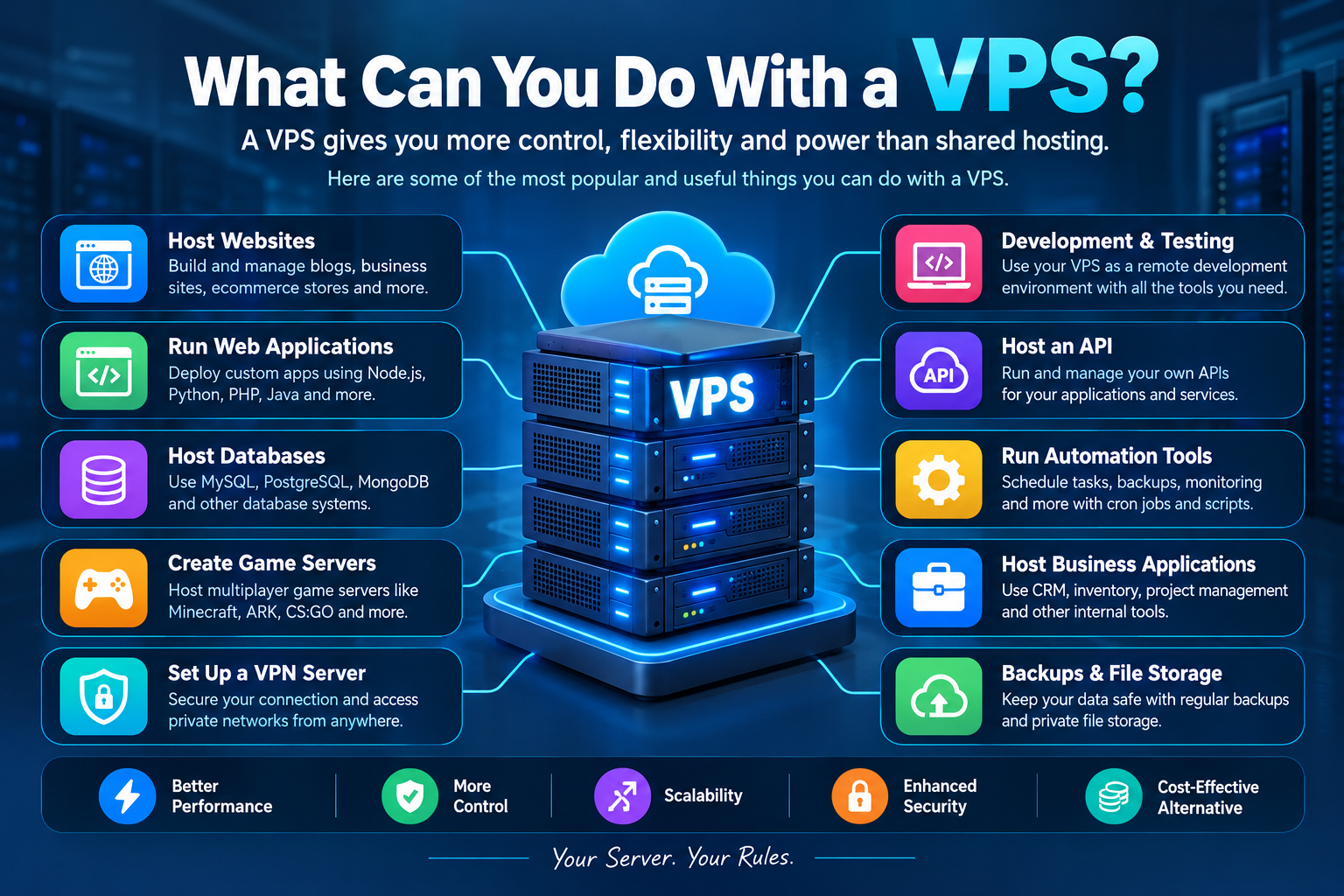What can you do with a VPS including website hosting, applications, databases, game servers, VPNs, and backups