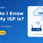 Laptop and router with a magnifying glass over a Wi-Fi icon showing how to find out who your ISP is