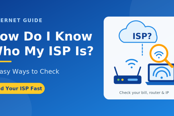Laptop and router with a magnifying glass over a Wi-Fi icon showing how to find out who your ISP is