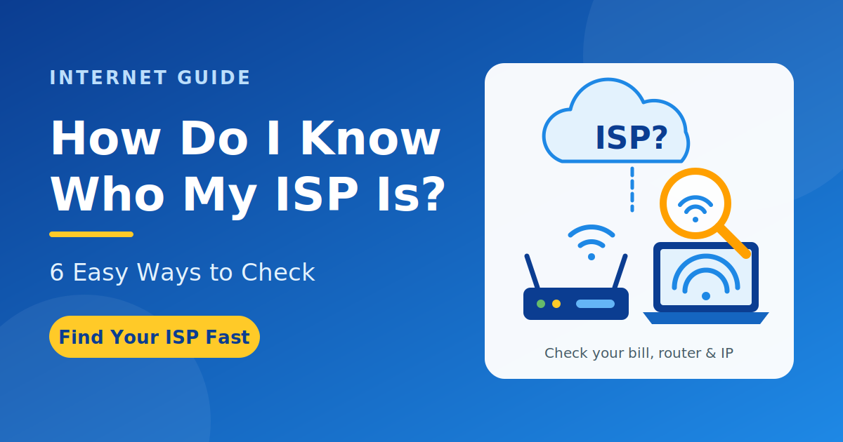 Laptop and router with a magnifying glass over a Wi-Fi icon showing how to find out who your ISP is
