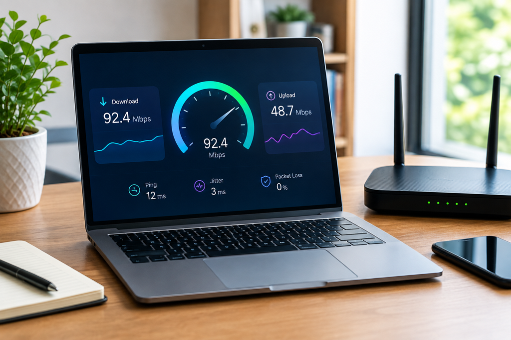 Internet speed test showing download and upload speed