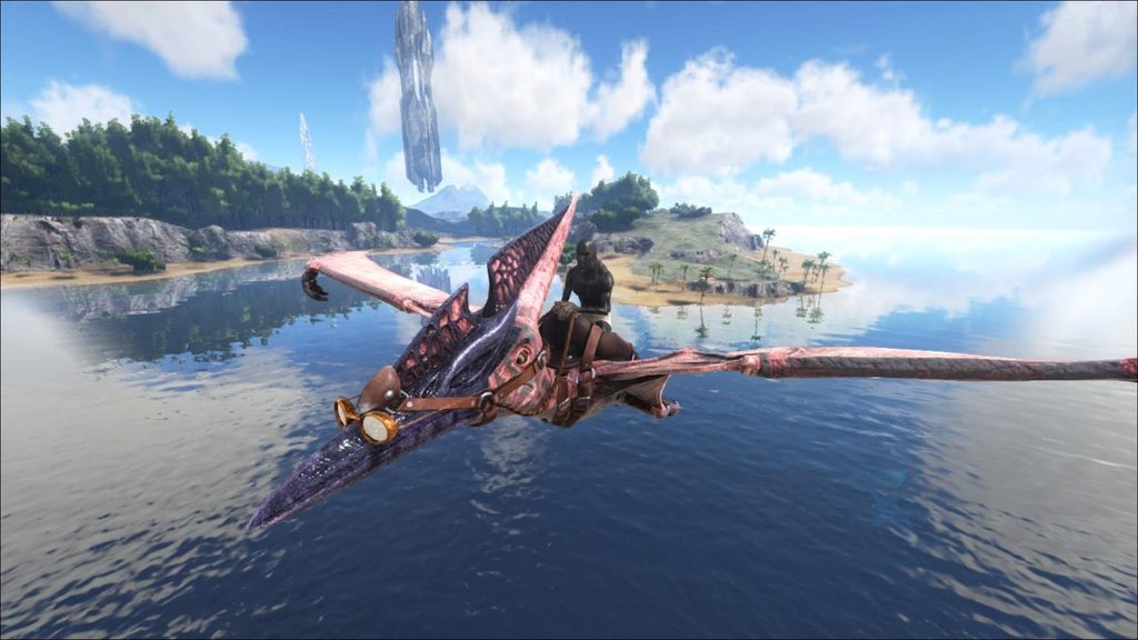 A survivor riding a flying dinosaur above an island in an ARK multiplayer survival game.