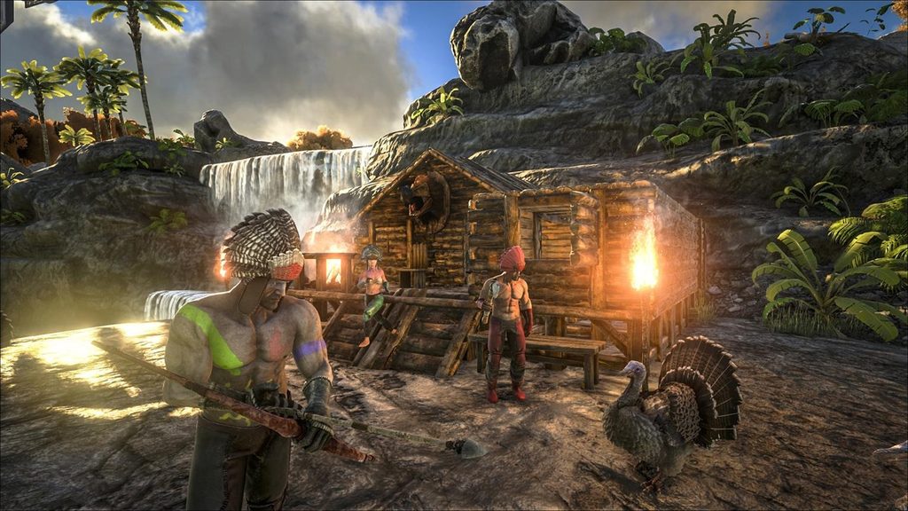  Survivors building a shared base surrounded by dinosaurs in a prehistoric multiplayer survival world.